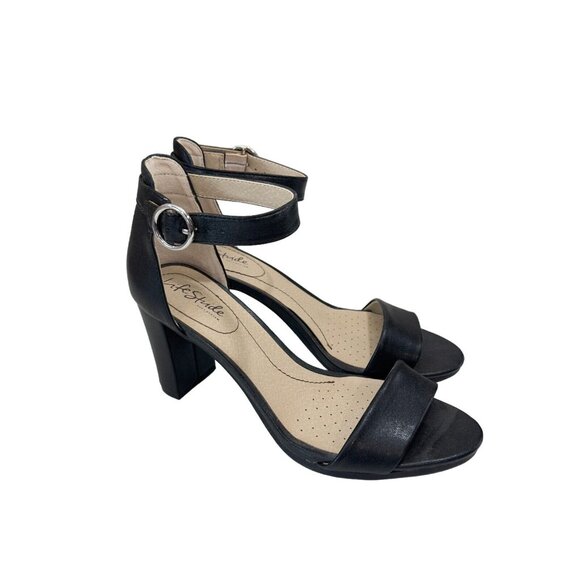 Life Stride Soft System Women SZ 8.5 WIDE Black Buckle Ankle Strap Block Heels - Picture 4 of 14